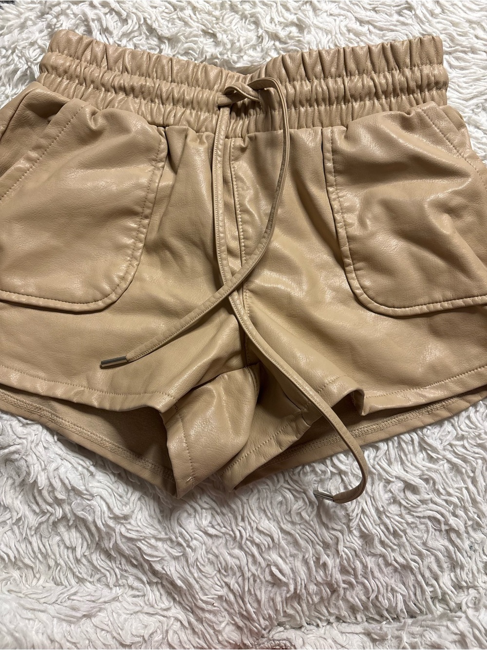 Sincerely Jules Tan High-Waist Faux Leather Drawstring Shorts